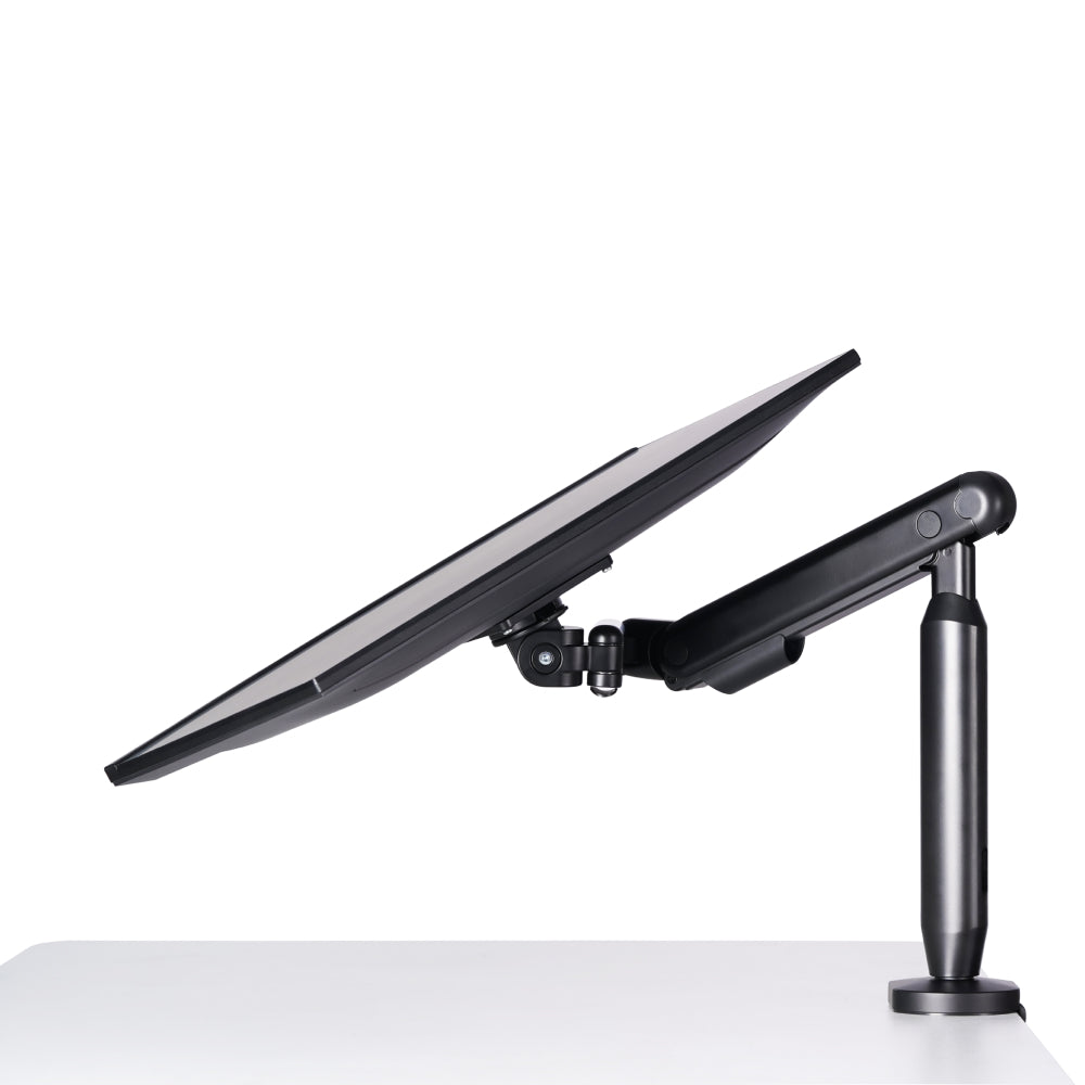Hexcal Single Monitor Arm holds a screen and adjusts its angle.