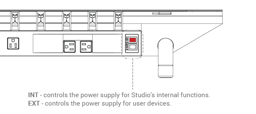 There are two power buttons at the back of Hexcal Studio monitor stand. INT is for internal power supply and EXT is for external power supply.