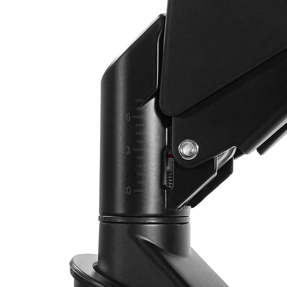 Close-up image of Hexcal heavy-duty monitor arm in the background, emphasizing its design and usability.